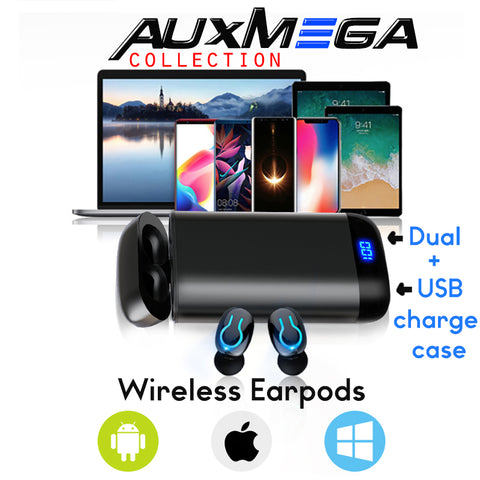 Auxmega™ Wireless Bluetooth Waterproof Earphones w/ Dual USB Battery Charge Case
